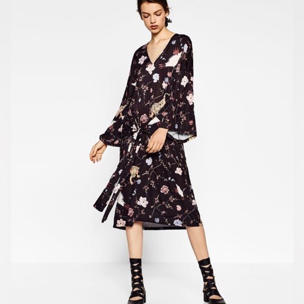 Zara Long Sleeve Tie-Front Tiger Floral Midi Maxi Dress